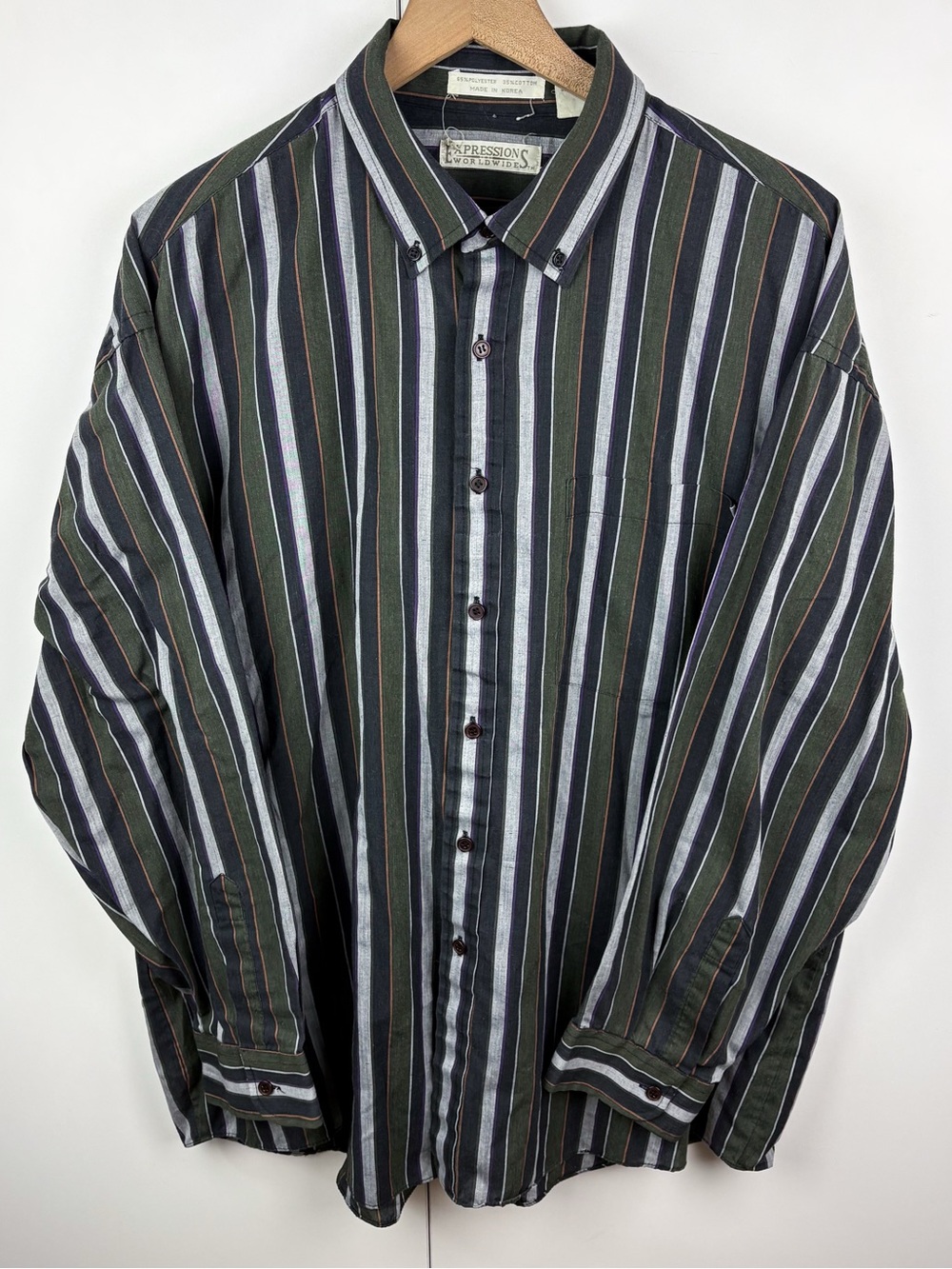 Vintage Striped Button Down Casual Long Sleeve Shirt Olive Green Gray Grey XL